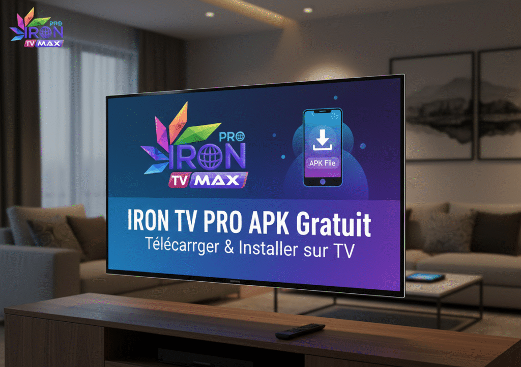 Smart TV screen displaying the download interface for IRON TV PRO APK Gratuit and Iron TV MAX APK, illustrating comment installer iron tv pro sur tv