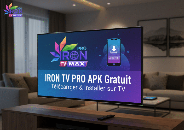 Smart TV screen displaying the download interface for IRON TV PRO APK Gratuit and Iron TV MAX APK, illustrating comment installer iron tv pro sur tv