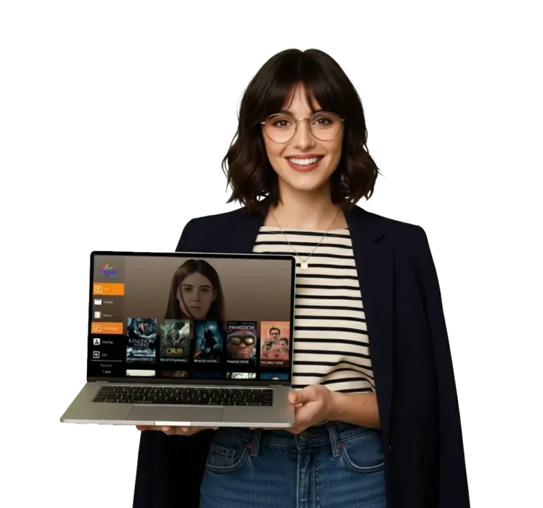 Femme souriante tenant un ordinateur portable affichant l’interface Iron TV Pro – Abonnement IPTV stable et rapide sur Android, Smart TV et PC.