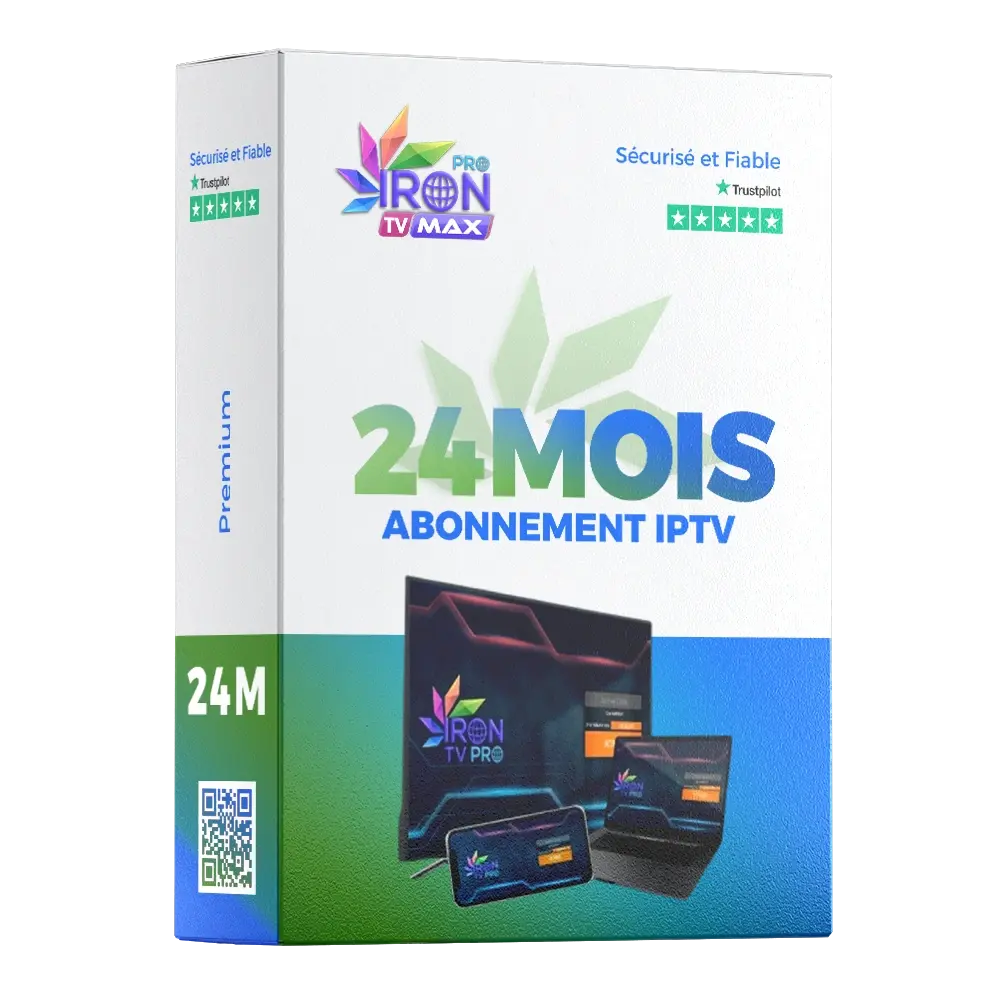 Boîte Abonnement IPTV 24 Mois 2 Codes Iron TV Pro Officiel – service IPTV Premium stable et fluide, compatible Smart TV, Android, iOS et Firestick.