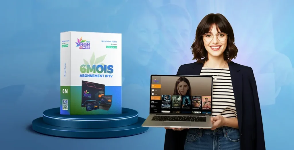 Femme présentant un ordinateur avec Iron TV Pro et boîte Abonnement IPTV 6 Mois – service IPTV Premium HD/4K, stable et compatible Smart TV et Android.