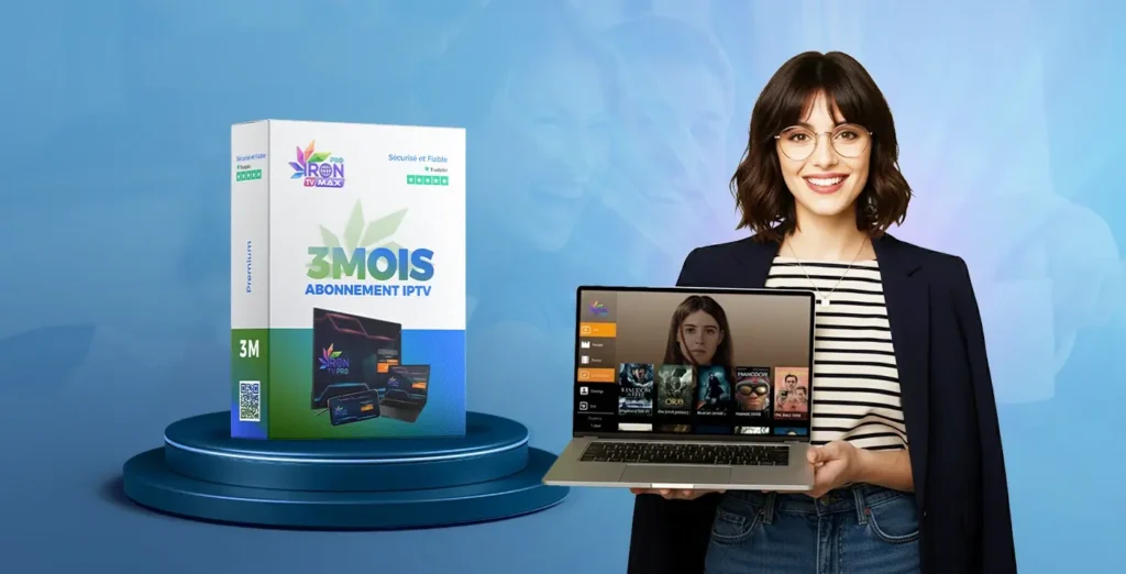 Femme présentant le pack Iron TV Pro Max 3 Mois, un abonnement IPTV premium avec films et séries en streaming HD/4K sur tous les appareils.