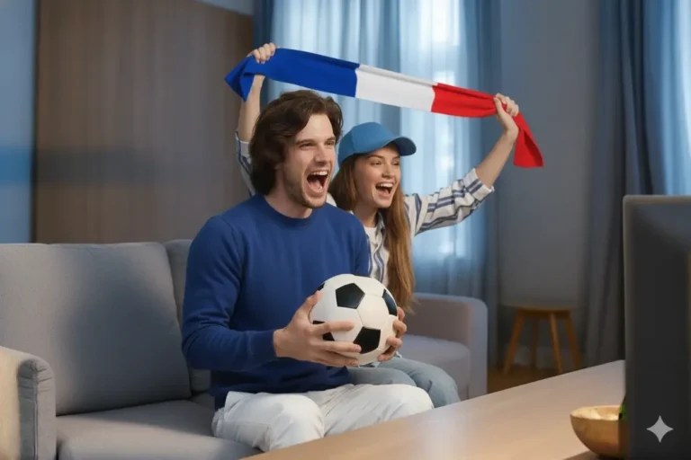 Couple français regardant un match de football en direct via un abonnement IPTV France, célébrant un but devant leur Smart TV.