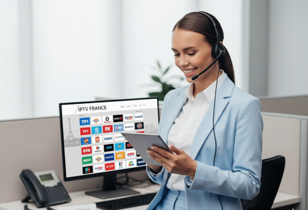 Conseillère du support client IPTV France aidant un utilisateur à configurer son abonnement IPTV sur tablette et ordinateur, Installer IRON TV PRO.