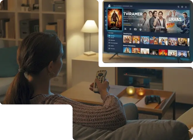 Femme regardant un film sur Iron TV Pro, l’application IPTV Premium pour Smart TV et Android, illustrant un abonnement IPTV fluide et sécurisé.