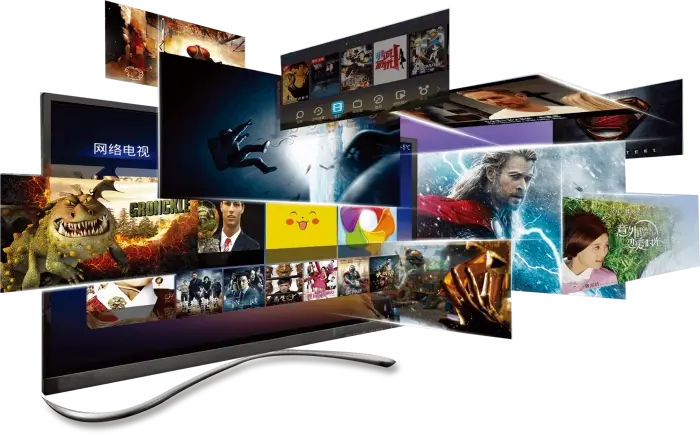 Écran Smart TV affichant des films et séries en streaming via abonnement Iron TV Pro, une solution IPTV Premium compatible 4K.