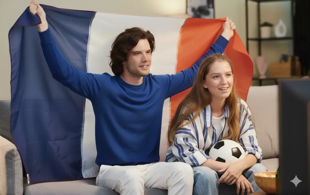 Couple français regardant un match de football en direct via un abonnement IPTV France sur Smart TV, tenant le drapeau français.