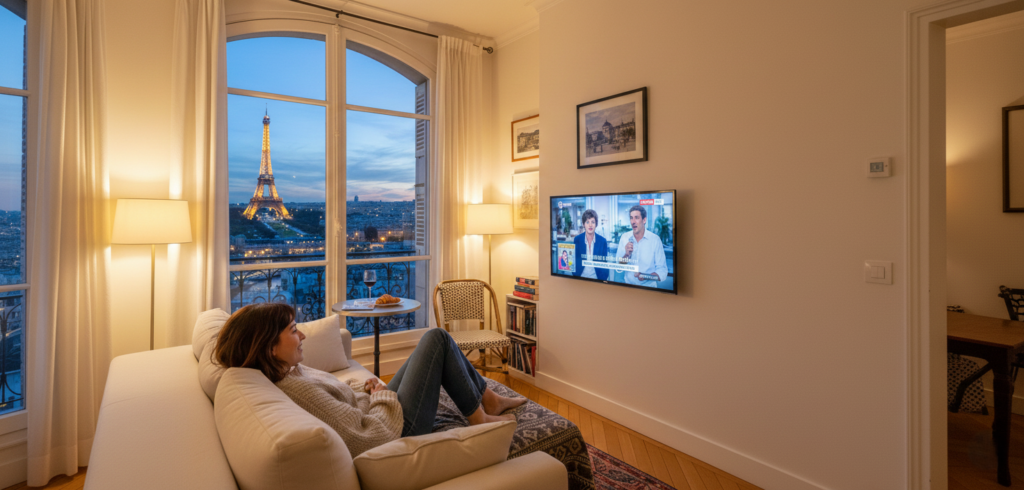 Une jeune femme française regarde la télé avec l'application Iron TV Pro sur iPhone, vue sur Paris en arrière-plan