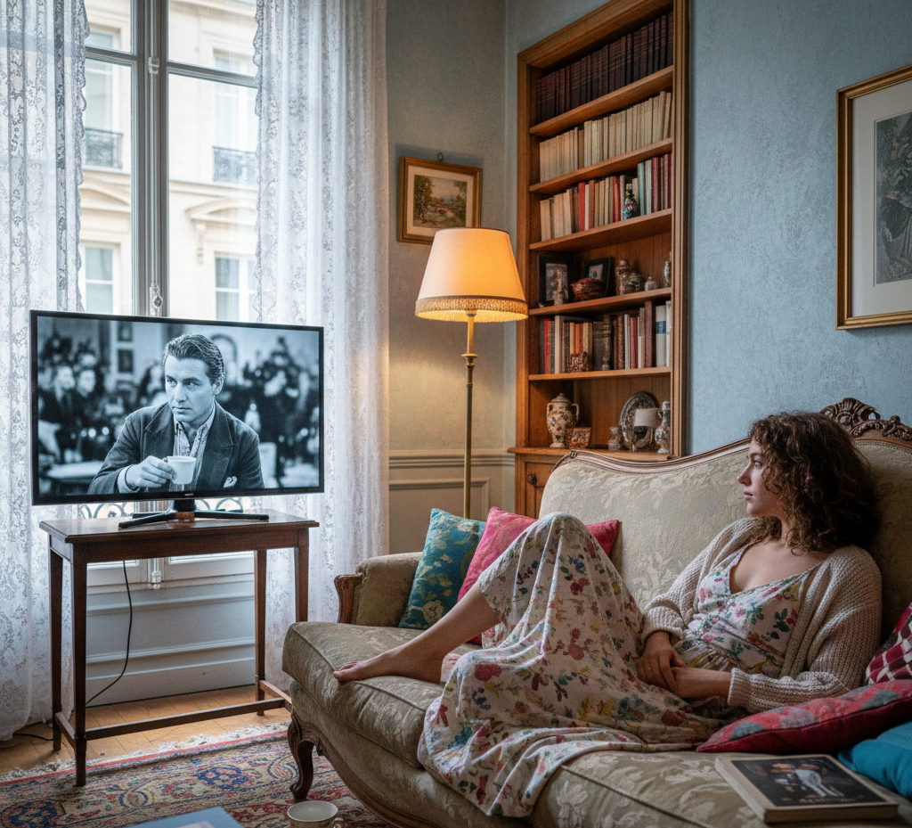 Une jeune femme française regarde ses émissions préférées grâce au meilleur abonnement Iron TV Pro sur sa télévision