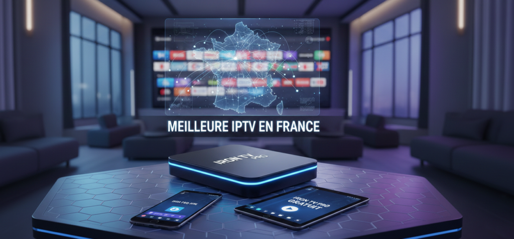 Meilleure IPTV en France : boîtier Iron TV Pro 4K sur une table futuriste, avec l'application Iron TV Pro APK sur mobile et tablette. Test gratuit d'abonnement.