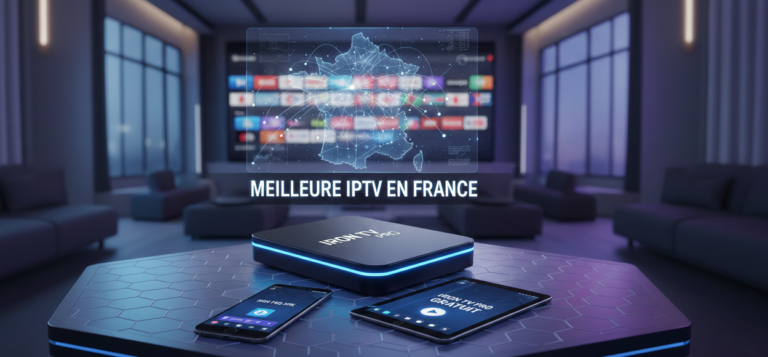 Meilleure IPTV en France : boîtier Iron TV Pro 4K sur une table futuriste, avec l'application Iron TV Pro APK sur mobile et tablette. Test gratuit d'abonnement.