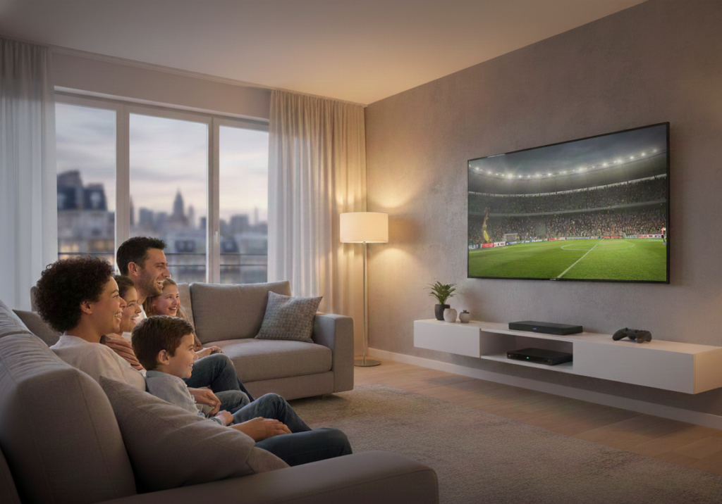 Famille heureuse regardant un match de football en 4K sur une grande TV murale dans un salon moderne. Le service est fluide, idéal pour un abonnement meilleure France IPTV service ou Iron TV Pro.