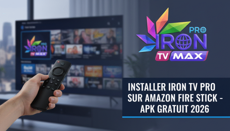 Tutoriel : Comment installer Iron TV Pro Max APK Gratuit sur Amazon Fire Stick en 2026. L'image montre une main tenant une télécommande Fire TV devant un téléviseur affichant l'interface de l'application Iron TV Max.