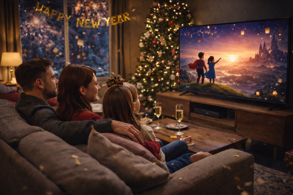 Family watching a cinematic New Year scene on TV at home, symbolizing fresh beginnings with the iptv smarters pro offer new year