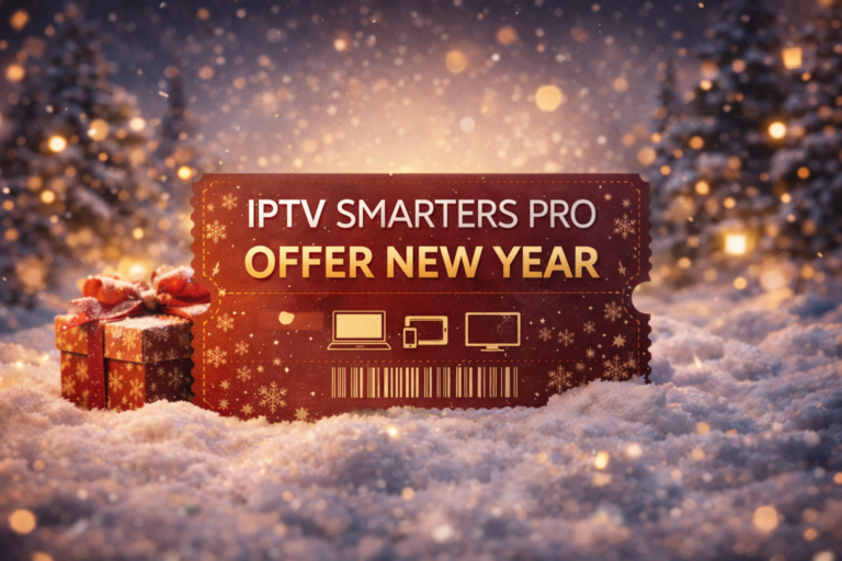 Winter gift ticket representing the iptv smarters pro offer new year with smart value for 2026