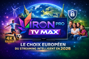 Iron Pro TV Max interface affichée sur Smart TV avec streaming stable en Europe, sport, divertissement familial et qualité 4K en 2026