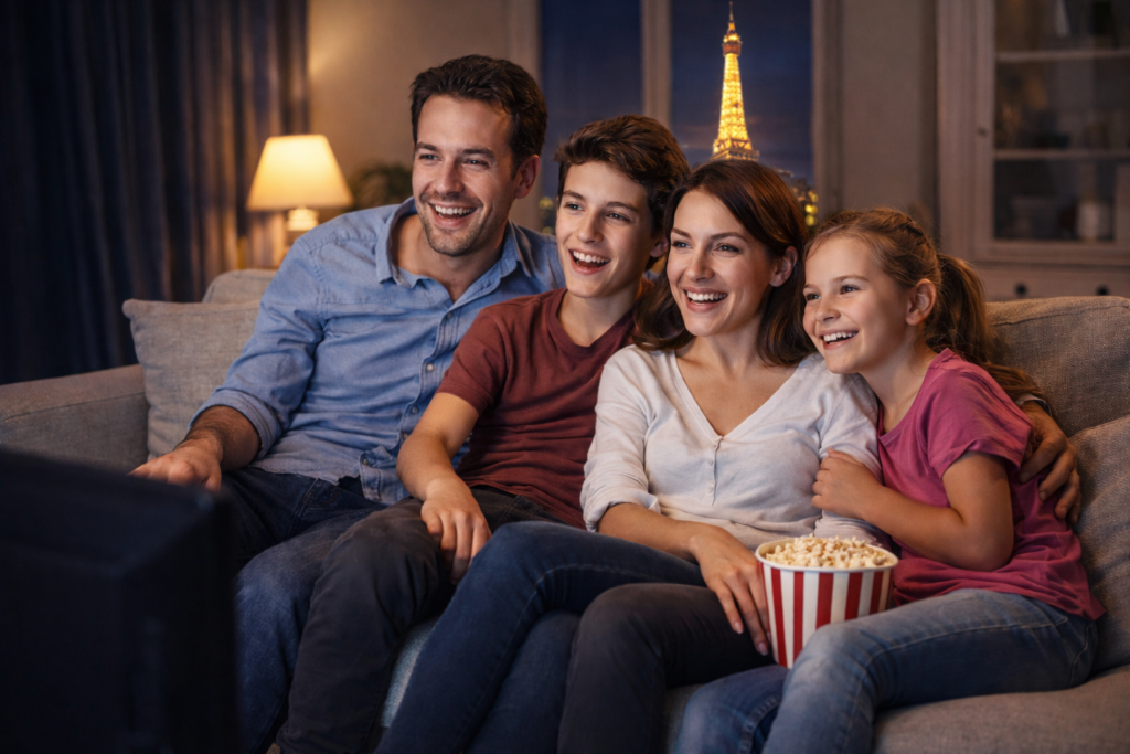 Famille en France profitant d’un moment de divertissement ensemble devant la télévision à la maison, avec la Tour Eiffel visible à travers la fenêtre