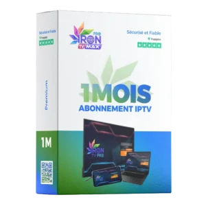 Boîte officielle Iron TV Pro Max – Abonnement IPTV 1 Mois 1 Codes, service premium avec chaînes HD, VOD illimitée et application Iron TV Pro APK.