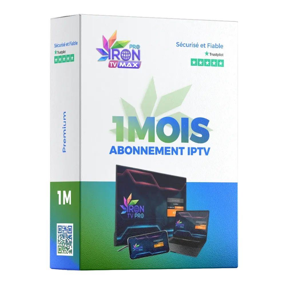 Boîte officielle Iron TV Pro Max – Abonnement IPTV 1 Mois 1 Codes, service premium avec chaînes HD, VOD illimitée et application Iron TV Pro APK.