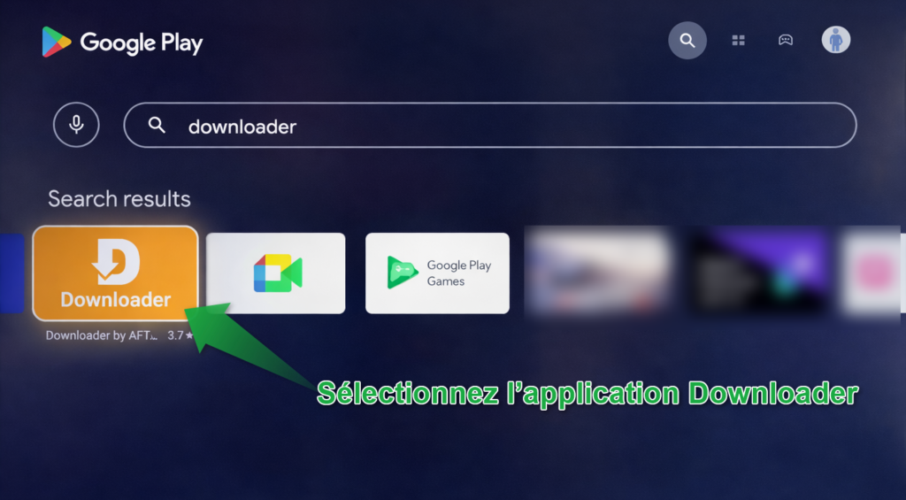 Sélectionner l’application Downloader dans les résultats de recherche Android TV