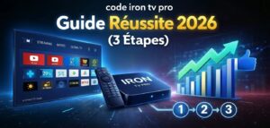 Promotional image for Iron TV Pro featuring the set-top box, a remote, a smart TV screen, and an infographic chart showing dramatic, success-oriented growth. Large text reads 'Guide Réussite 2026 (3 Étapes)'. code iron tv pro