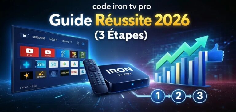 Promotional image for Iron TV Pro featuring the set-top box, a remote, a smart TV screen, and an infographic chart showing dramatic, success-oriented growth. Large text reads 'Guide Réussite 2026 (3 Étapes)'. code iron tv pro​
