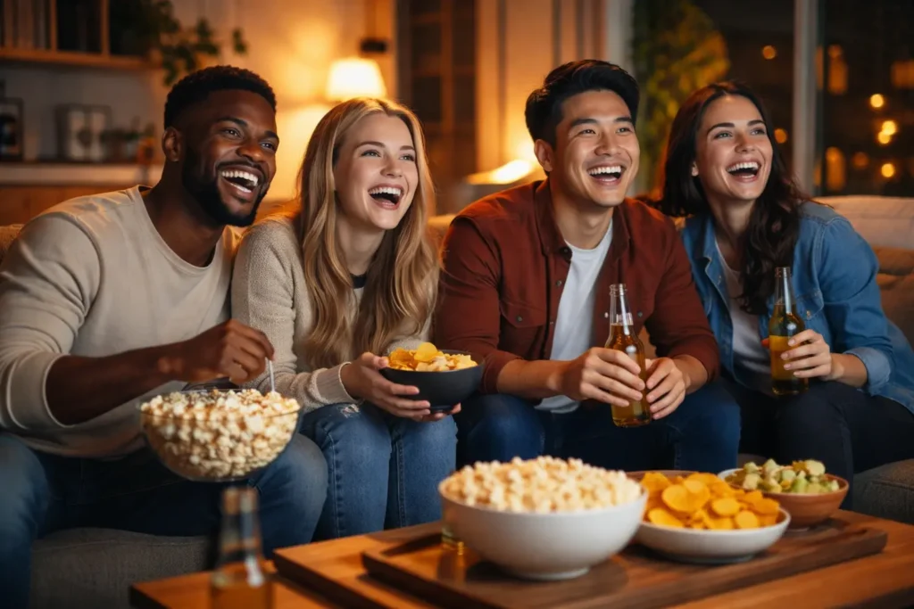 Groupe d’amis regardant la télévision dans un salon moderne avec ambiance chaleureuse et snacks