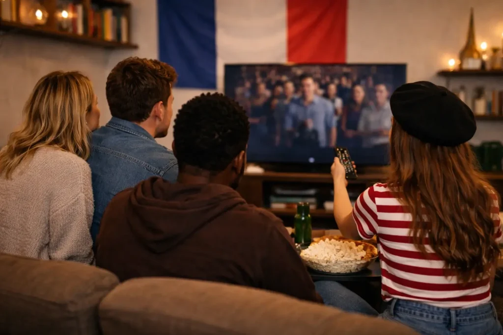 groupe d’amis regardant la télévision dans un salon moderne ambiance conviviale france installer iron tv pro sur tv