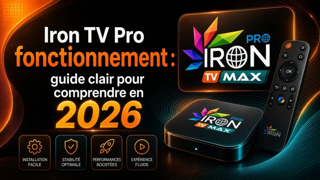 Iron TV Pro fonctionnement guide clair pour comprendre en 2026 avec interface TV, boîtier IPTV et télécommande.
