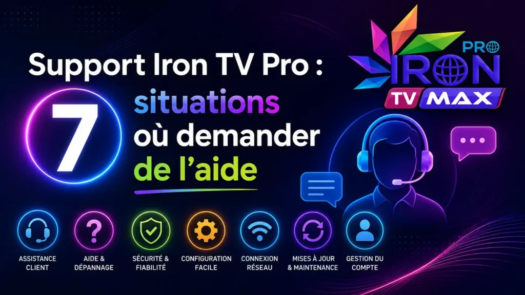 Support Iron TV Pro avec 7 situations où demander de l’aide pour assistance, dépannage, sécurité, configuration et gestion du compte.