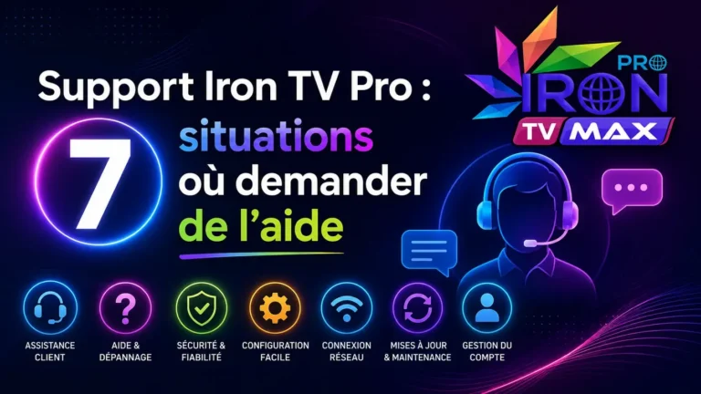 Support Iron TV Pro avec 7 situations où demander de l’aide pour assistance, dépannage, sécurité, configuration et gestion du compte.