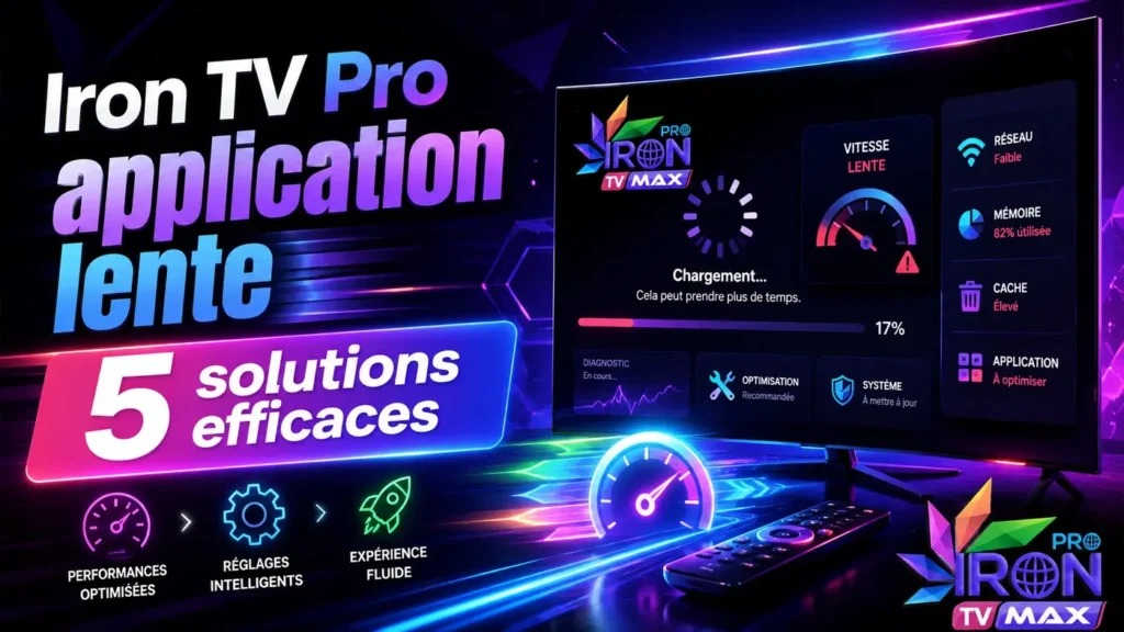 Iron TV Pro application lente avec écran de chargement, indicateur de vitesse lente et solutions d’optimisation.