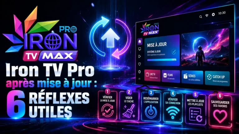 Iron TV Pro après mise à jour avec 6 réflexes utiles pour vérifier l’application, la connexion, le cache et les playlists