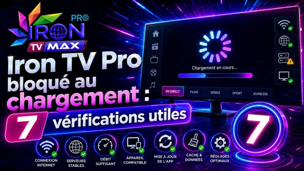 Iron TV Pro bloqué au chargement avec écran de chargement, icônes de vérification et guide de 7 solutions utiles.