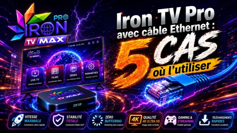 Image futuriste Iron TV Pro avec câble Ethernet montrant 5 cas d’utilisation pour une connexion plus stable.
