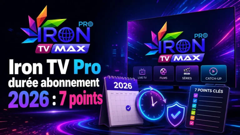 Iron TV Pro durée abonnement 2026 avec calendrier, checklist 7 points, logo Iron TV Max et interface TV futuriste