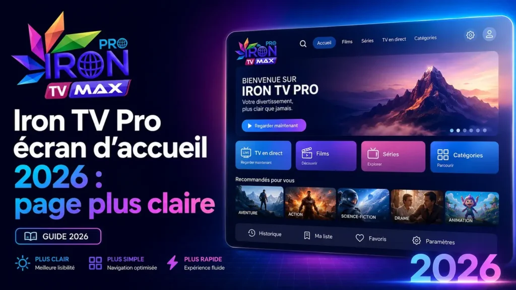 Image illustrant Iron TV Pro écran d’accueil 2026 avec une interface plus claire, moderne et facile à naviguer.