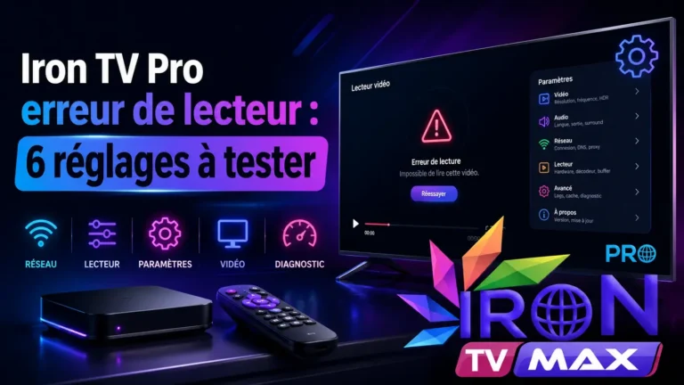Iron TV Pro erreur de lecteur avec écran de diagnostic et réglages vidéo à tester