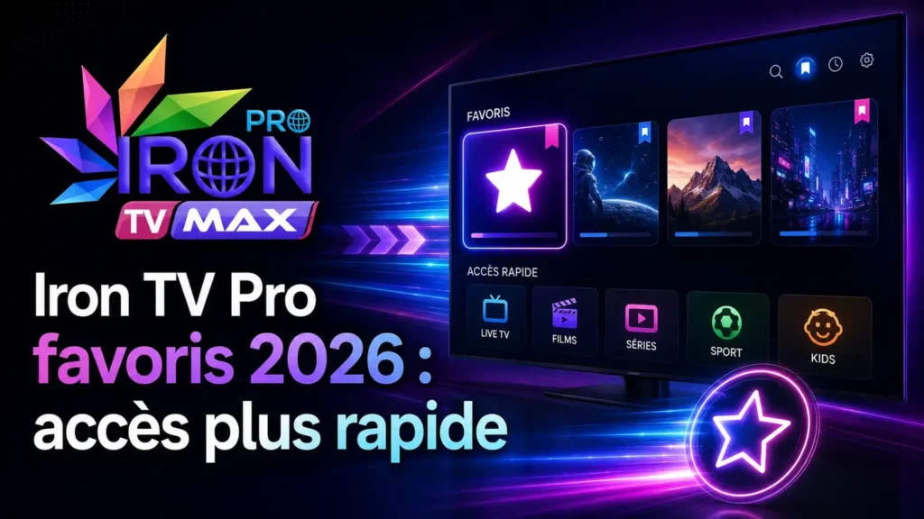 Image Iron TV Pro favoris 2026 montrant une interface avec accès rapide et contenus favoris