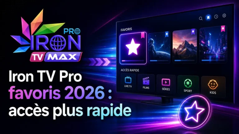 Image Iron TV Pro favoris 2026 montrant une interface avec accès rapide et contenus favoris