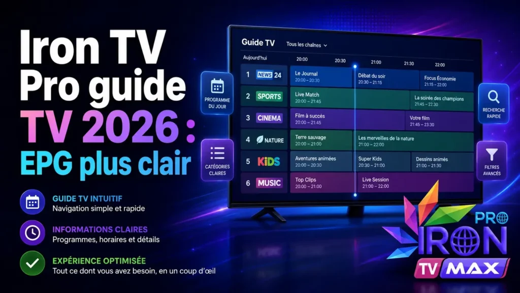 Iron TV Pro guide TV 2026 avec EPG plus clair sur écran TV