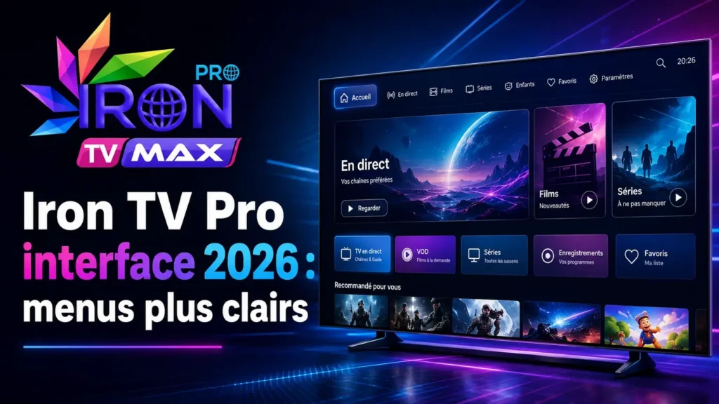 Iron TV Pro interface 2026 avec menus plus clairs, écran TV moderne et navigation simplifiée