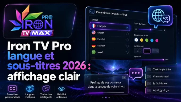 Image featured Iron TV Pro langue et sous-titres 2026 avec réglages de langue, sous-titres et affichage clair.