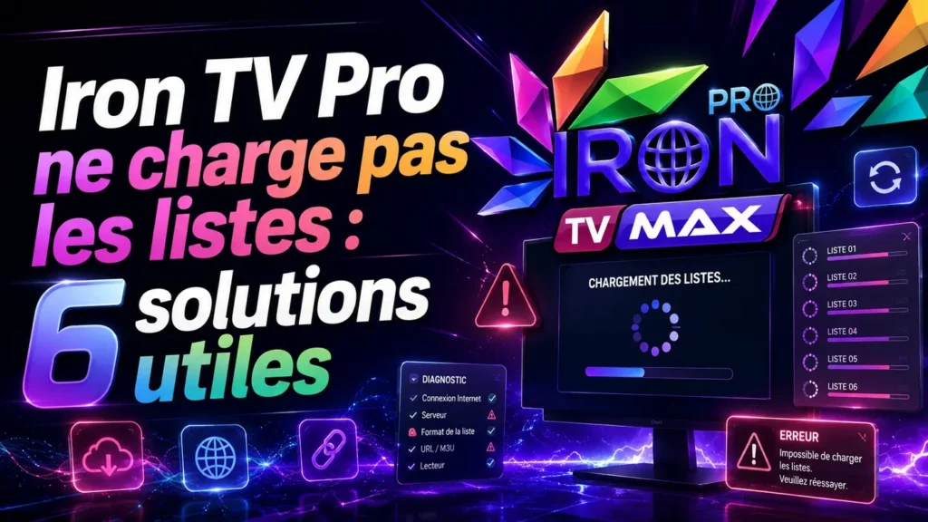 Image illustrant Iron TV Pro qui ne charge pas les listes avec une interface de chargement, des alertes et 6 solutions utiles pour corriger le problème.