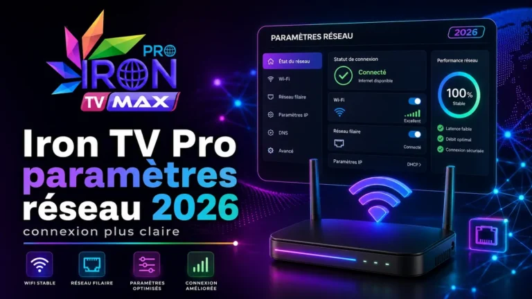 Image professionnelle Iron TV Pro paramètres réseau 2026 avec interface réseau, WiFi stable, connexion filaire et optimisation des paramètres.