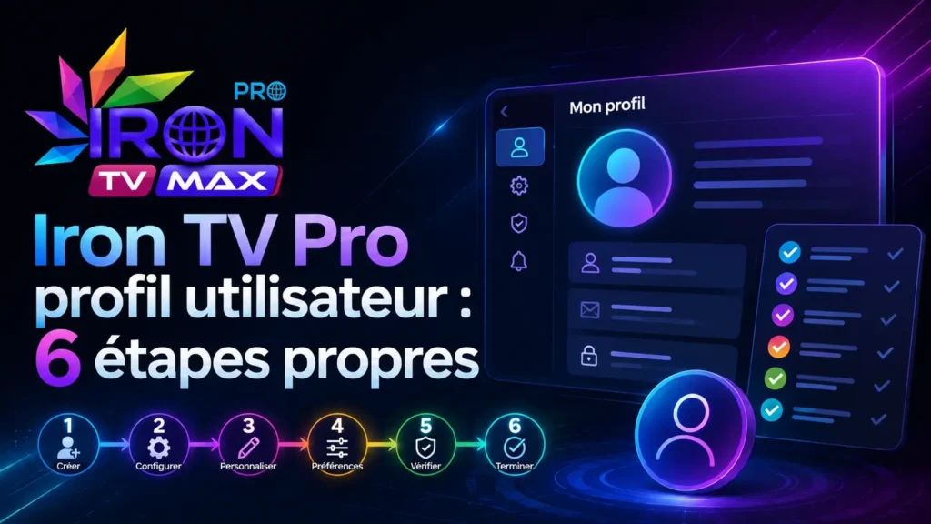 Image professionnelle Iron TV Pro profil utilisateur avec interface de compte et 6 étapes propres de configuration
