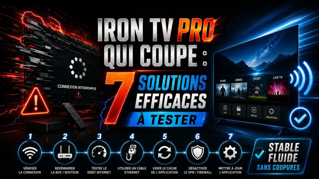 Image illustrant Iron TV Pro qui coupe avec 7 solutions efficaces pour retrouver une connexion stable et fluide.