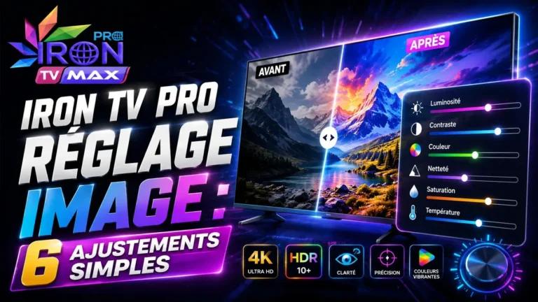 Iron TV Pro réglage image avec écran TV, réglages luminosité, contraste, couleur, netteté, saturation et température