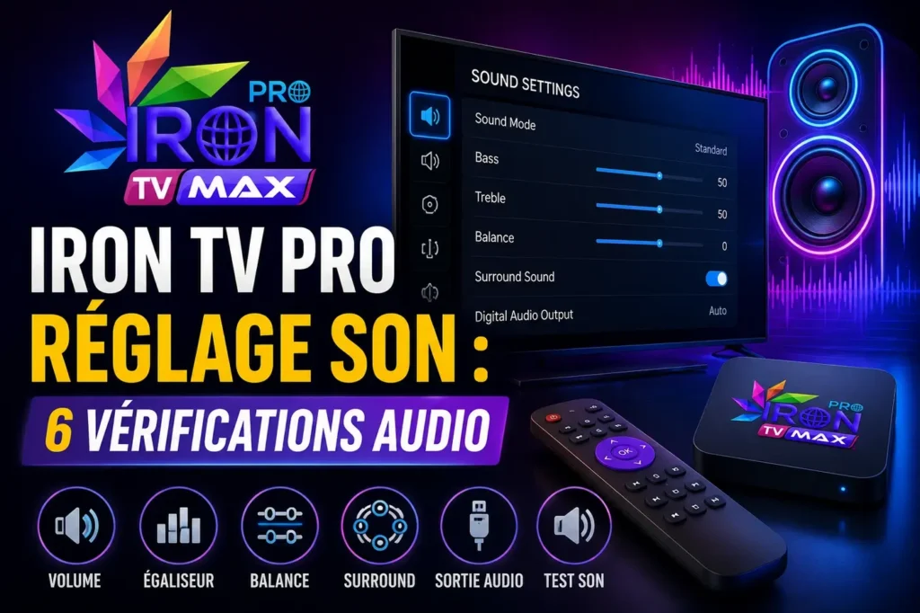 Iron TV Pro réglage son avec écran de paramètres audio, haut-parleurs et vérifications du volume, balance et sortie audio.