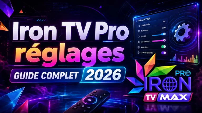 Image futuriste Iron TV Pro réglages guide complet 2026 avec interface paramètres, logo Iron TV Max et télécommande.